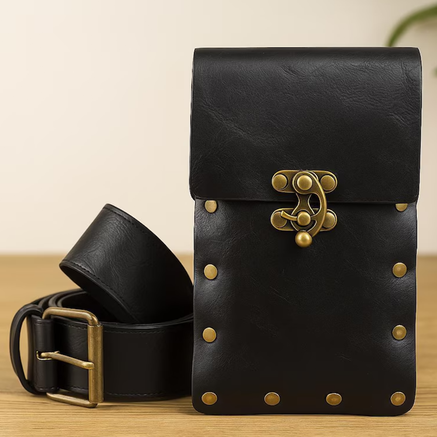 Vintage Tone Historical Waist Ensemble With Studded Rectangular Flap Pouch, Embossed Hanging Sac And Antique Buckle Wrap Strip