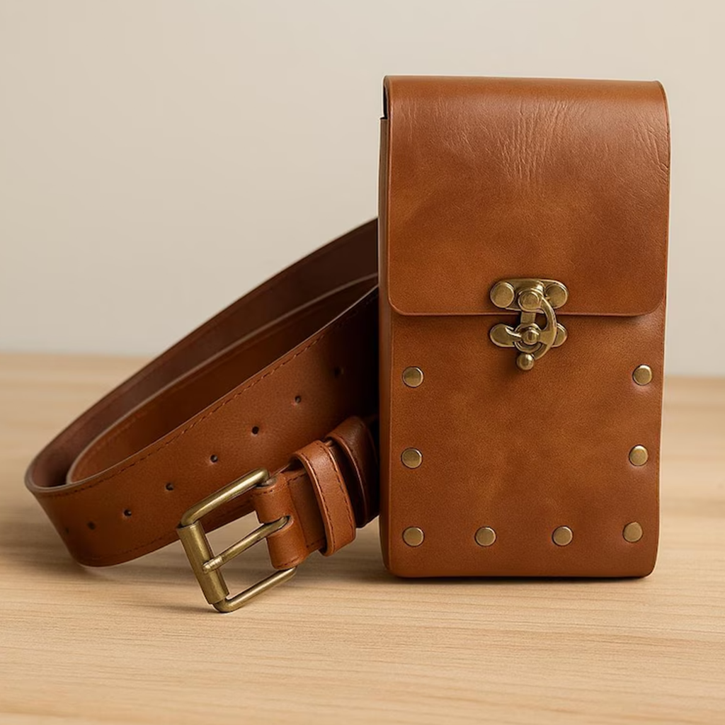 Vintage Tone Historical Waist Ensemble With Studded Rectangular Flap Pouch, Embossed Hanging Sac And Antique Buckle Wrap Strip