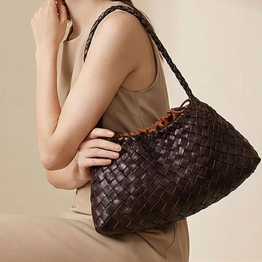 Tri Rich Tone Interlaced Woven Slouchy Trapezoidal Shoulder Carry Piece With Braided Grip Loop And Drawstring Cinch Opening