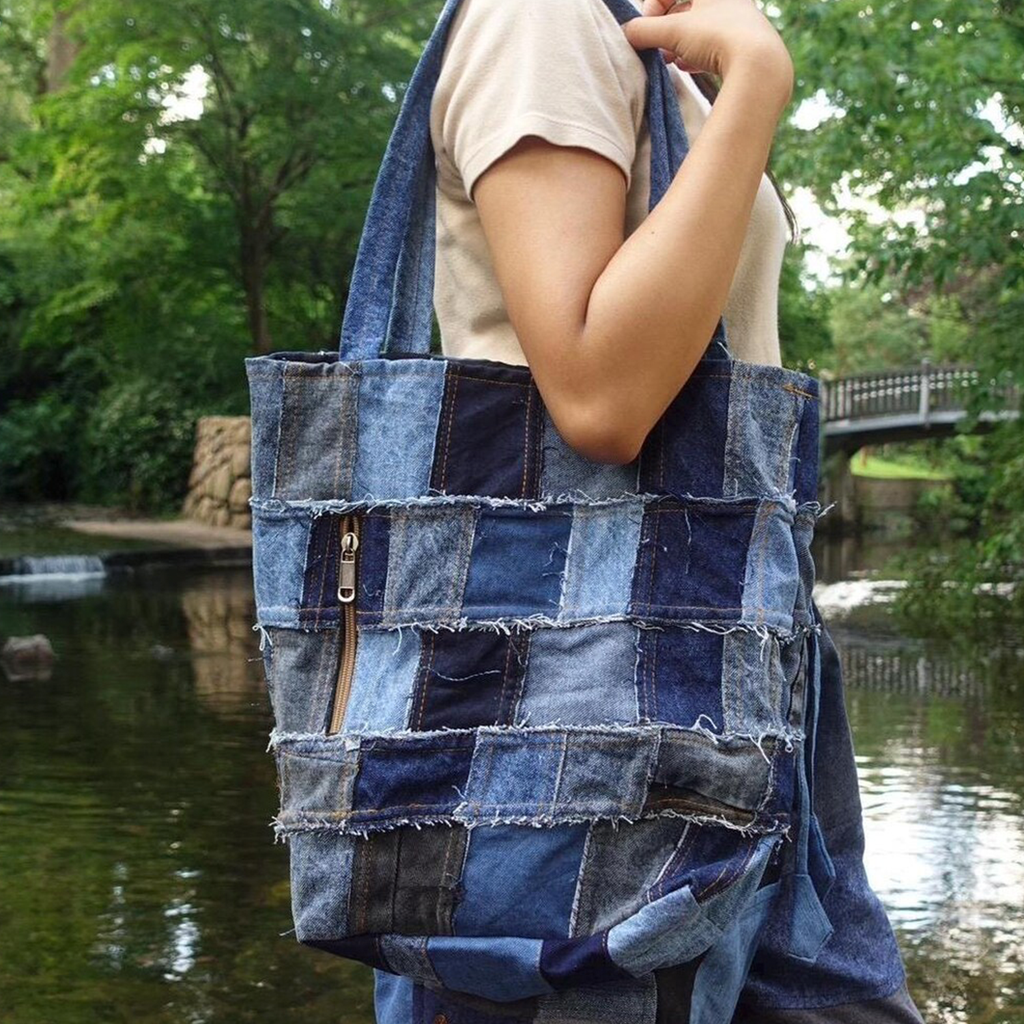 Multi-Shade Frayed Patchwork Blue Rectangular Carryall With Front Vertical Zip Compartments And Wide Over-Shoulder Grip Loops