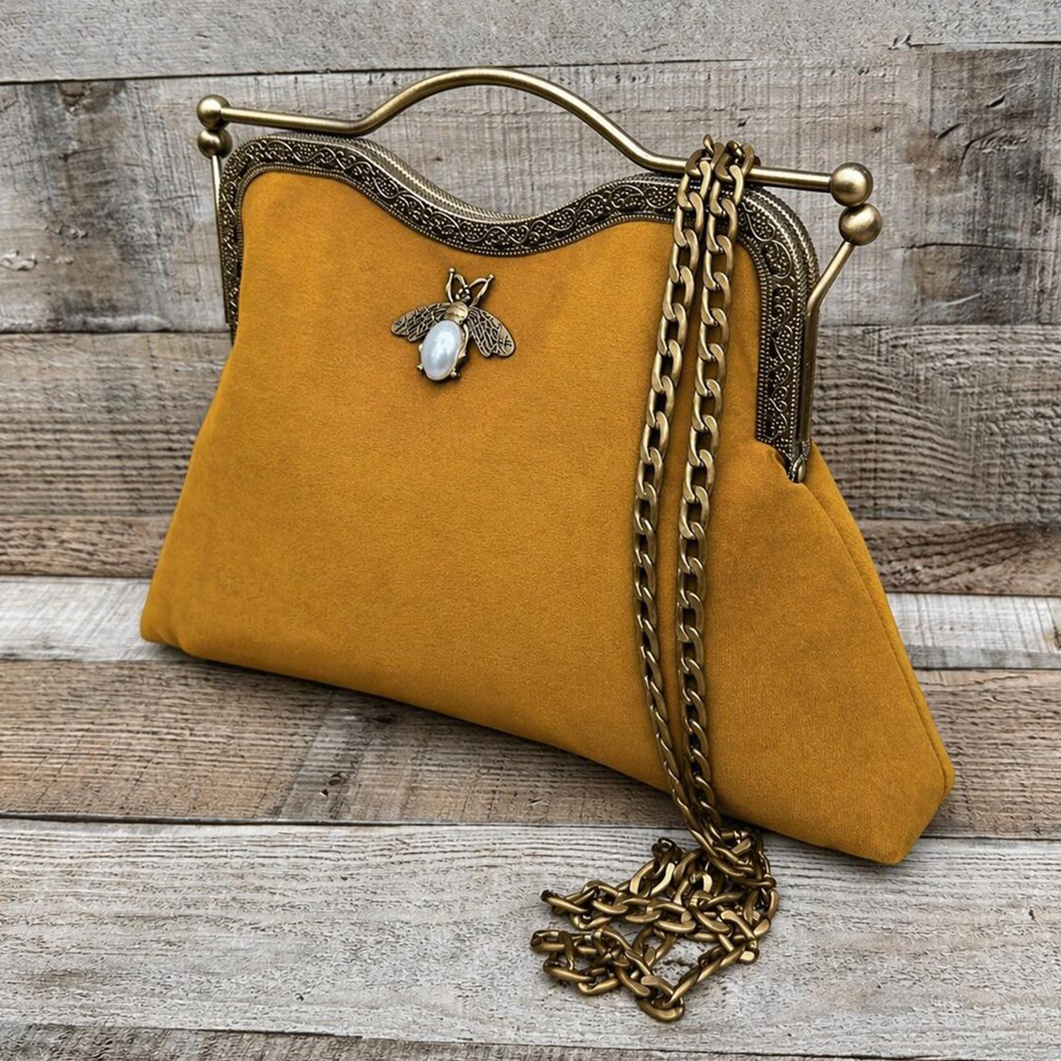 Warm Mustard Retro Kiss-Lock Frame Carry Piece With Pearlescent Insect Embellishment, Curved Metal Grip And Detachable Linked Chain Fixture