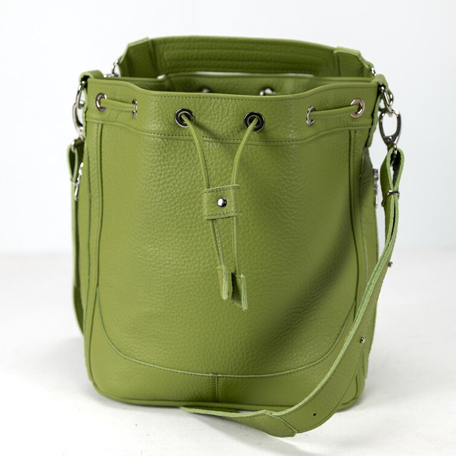 Dual Neutral Matte Textured Mini Bucket Pouch With Front Snap Flap Pocket And Dual Detachable Grip Fixtures