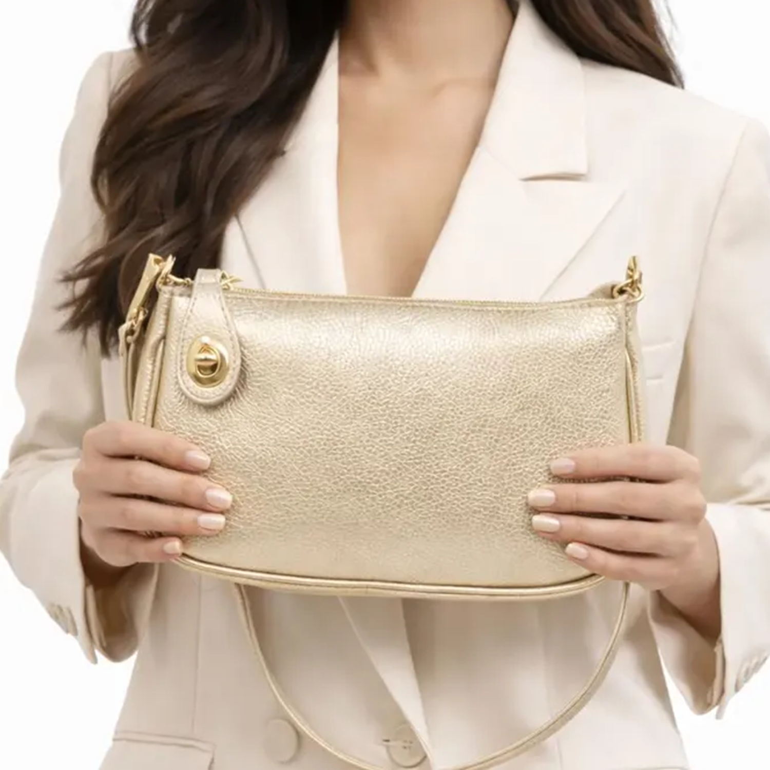 Lustrous Metallic Gold Pebbled Rectangular Curved Carryall With Golden Twist Lock Hardware And Dual Detachable Grip Fixtures