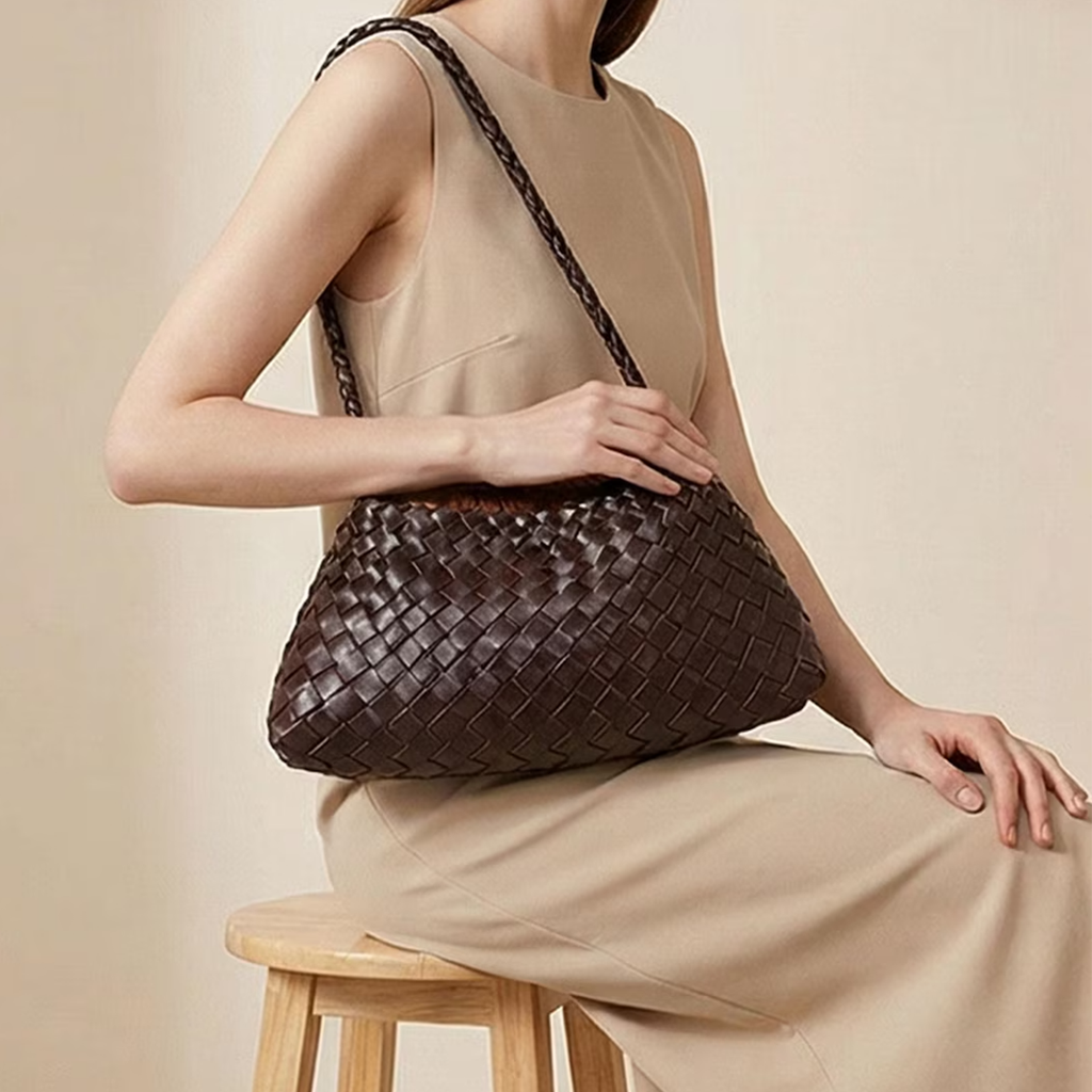Tri Rich Tone Interlaced Woven Slouchy Trapezoidal Shoulder Carry Piece With Braided Grip Loop And Drawstring Cinch Opening