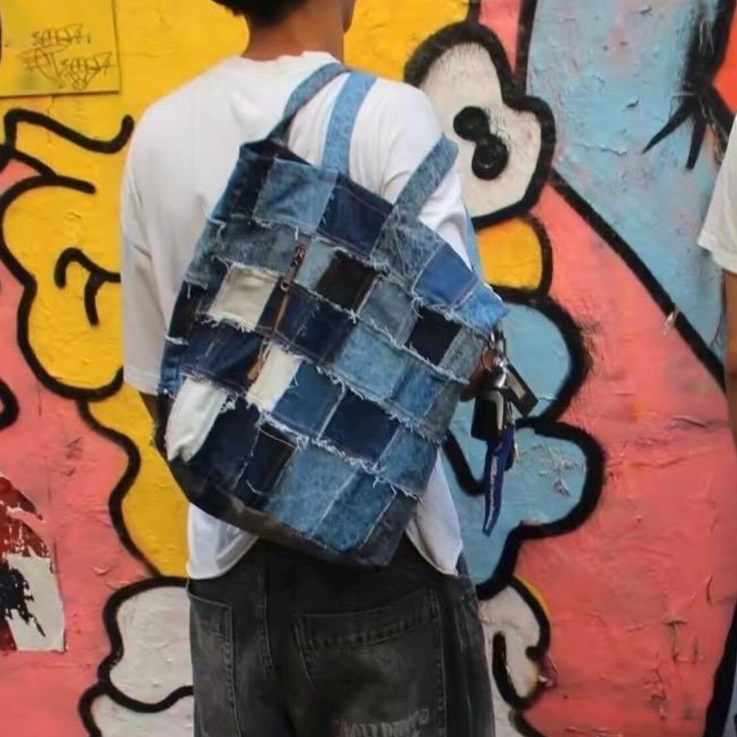 Multi-Shade Frayed Patchwork Blue Rectangular Carryall With Front Vertical Zip Compartments And Wide Over-Shoulder Grip Loops