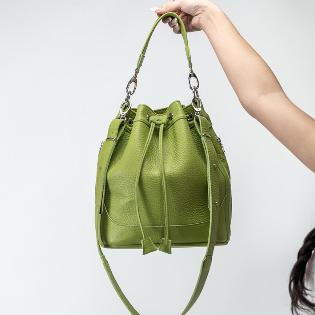 Dual Neutral Matte Textured Mini Bucket Pouch With Front Snap Flap Pocket And Dual Detachable Grip Fixtures
