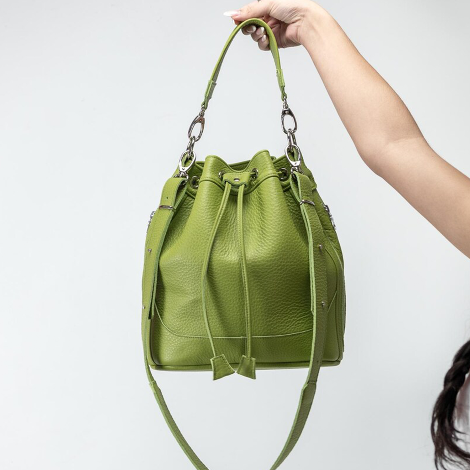 Dual Neutral Matte Textured Mini Bucket Pouch With Front Snap Flap Pocket And Dual Detachable Grip Fixtures