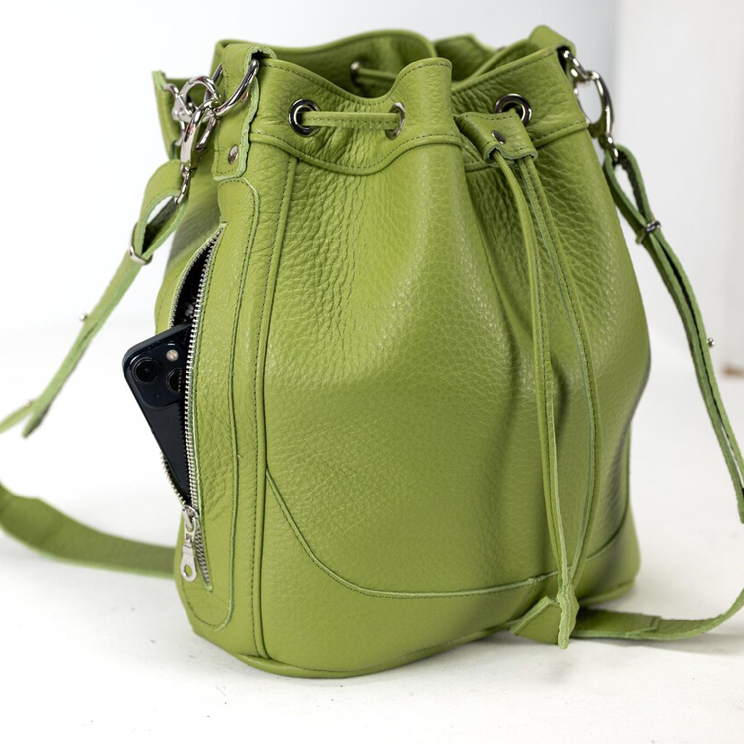 Dual Neutral Matte Textured Mini Bucket Pouch With Front Snap Flap Pocket And Dual Detachable Grip Fixtures