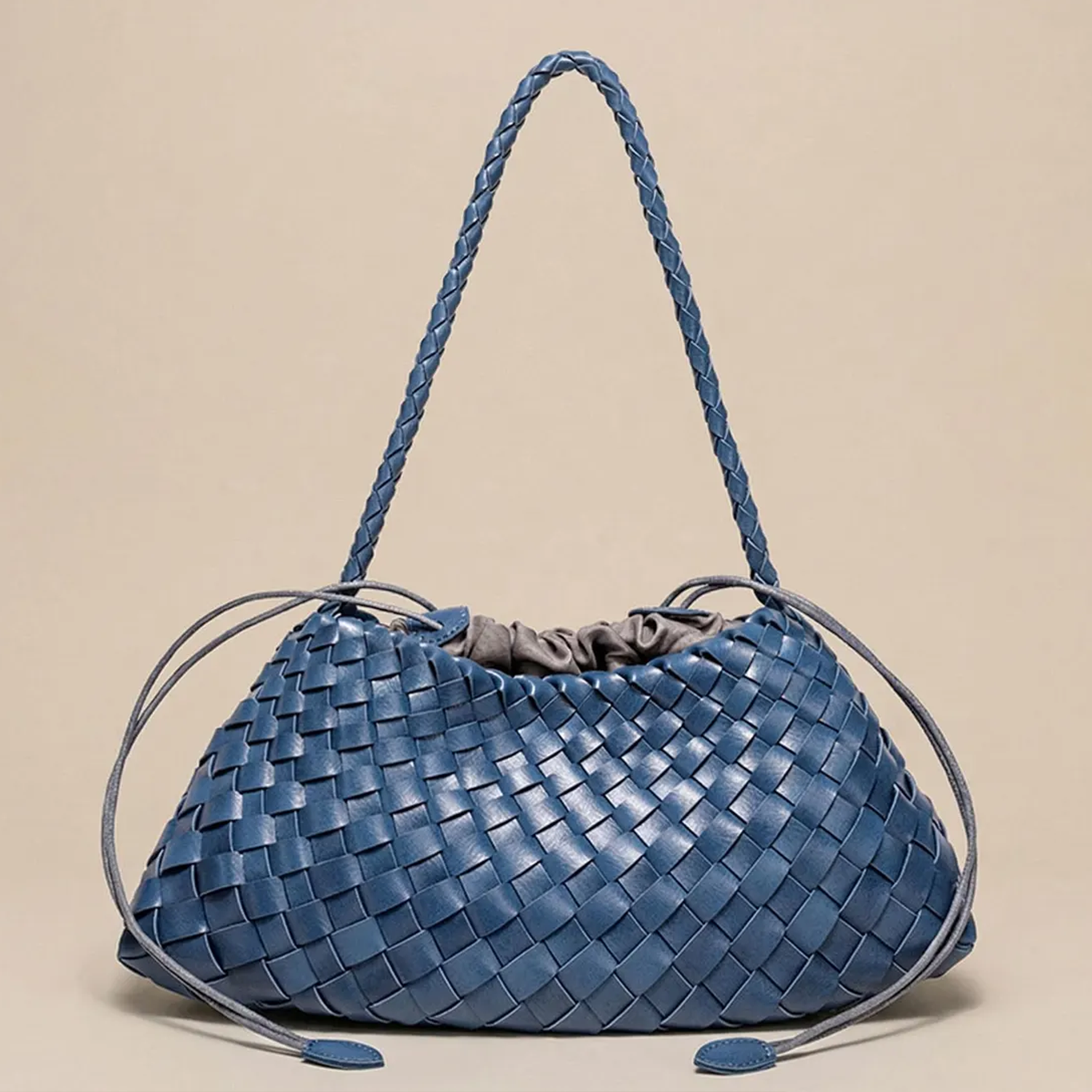 Tri Rich Tone Interlaced Woven Slouchy Trapezoidal Shoulder Carry Piece With Braided Grip Loop And Drawstring Cinch Opening