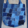 Multi-Shade Frayed Patchwork Blue Rectangular Carryall With Front Vertical Zip Compartments And Wide Over-Shoulder Grip Loops