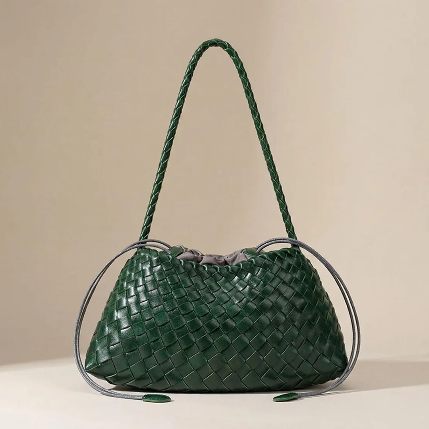 Tri Rich Tone Interlaced Woven Slouchy Trapezoidal Shoulder Carry Piece With Braided Grip Loop And Drawstring Cinch Opening