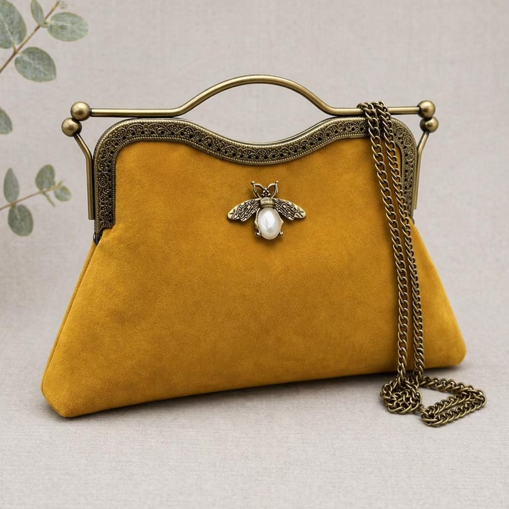 Warm Mustard Retro Kiss-Lock Frame Carry Piece With Pearlescent Insect Embellishment, Curved Metal Grip And Detachable Linked Chain Fixture