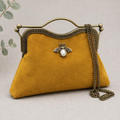 Warm Mustard Retro Kiss-Lock Frame Carry Piece With Pearlescent Insect Embellishment, Curved Metal Grip And Detachable Linked Chain Fixture