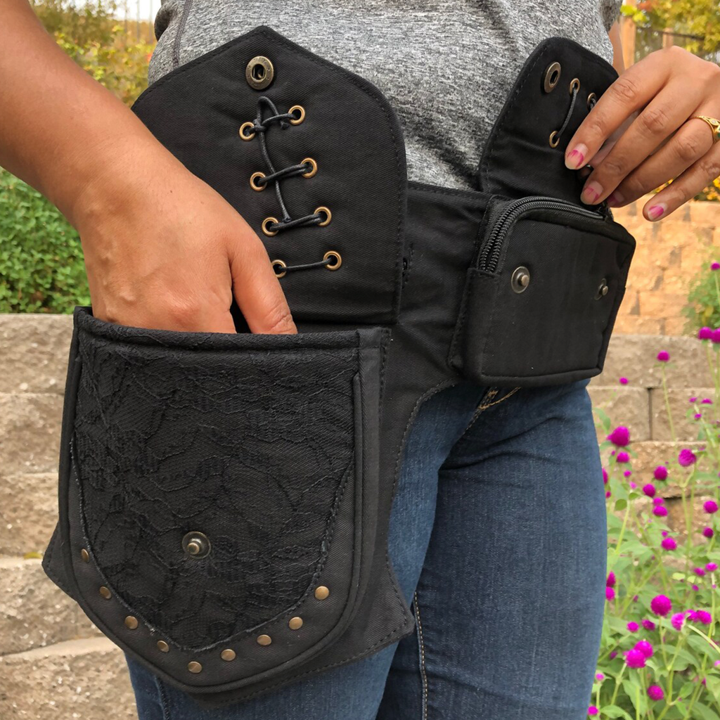 Dual Earth Tone Lace And Stud Decorated Multi-Pocket Waist Storage Wrap With Crisscross Eyelet Lacing Detail