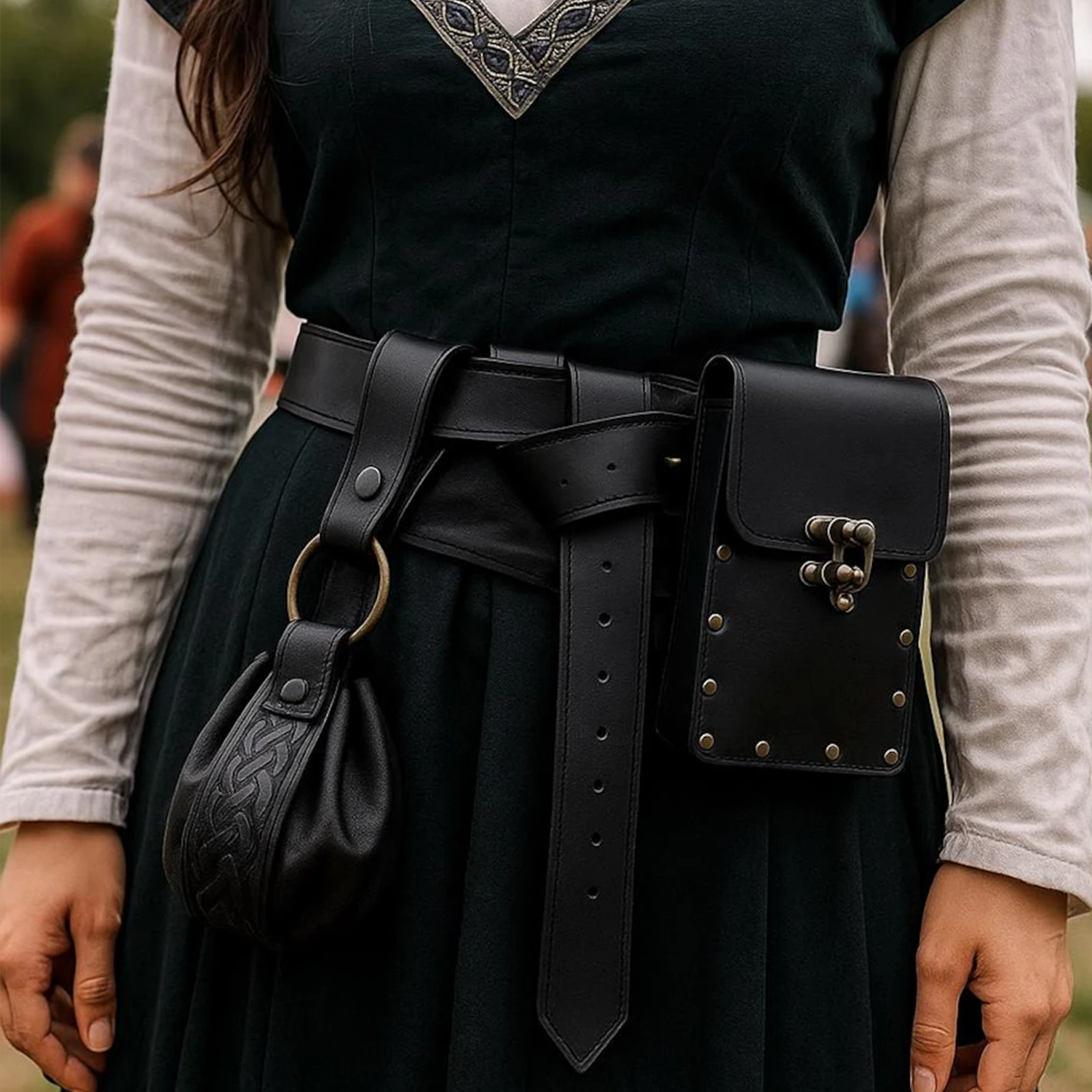 Vintage Tone Historical Waist Ensemble With Studded Rectangular Flap Pouch, Embossed Hanging Sac And Antique Buckle Wrap Strip