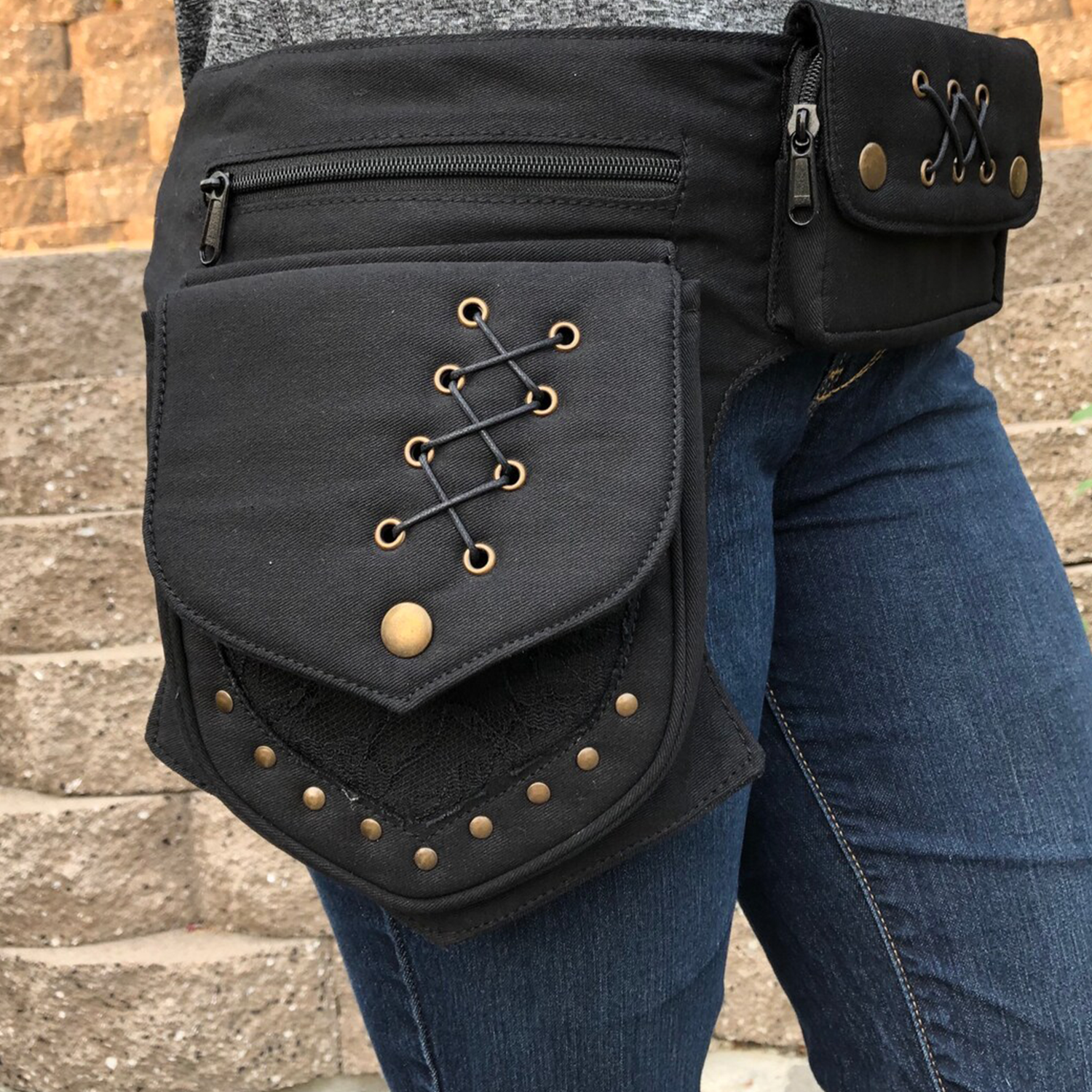 Dual Earth Tone Lace And Stud Decorated Multi-Pocket Waist Storage Wrap With Crisscross Eyelet Lacing Detail