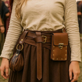 Vintage Tone Historical Waist Ensemble With Studded Rectangular Flap Pouch, Embossed Hanging Sac And Antique Buckle Wrap Strip