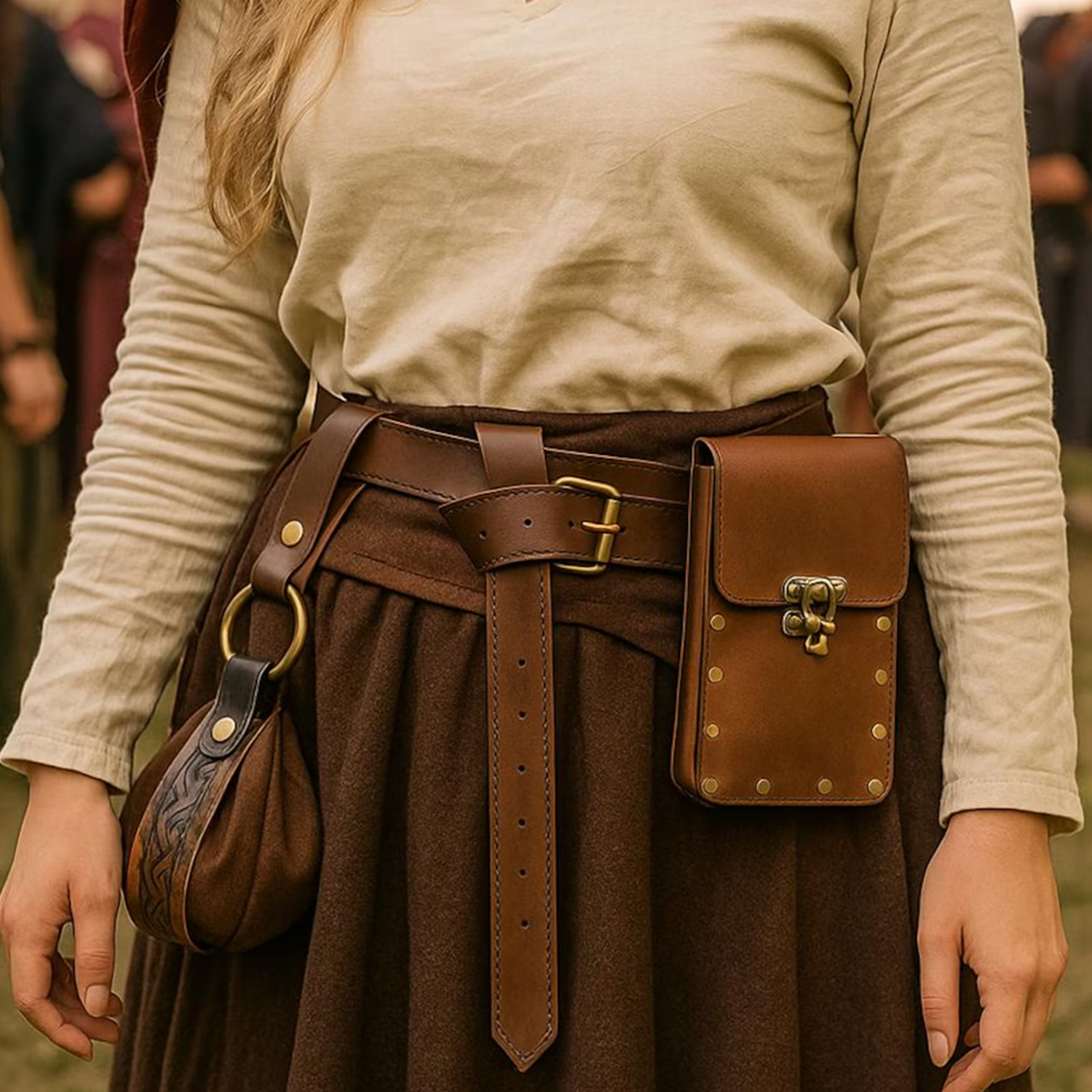 Vintage Tone Historical Waist Ensemble With Studded Rectangular Flap Pouch, Embossed Hanging Sac And Antique Buckle Wrap Strip