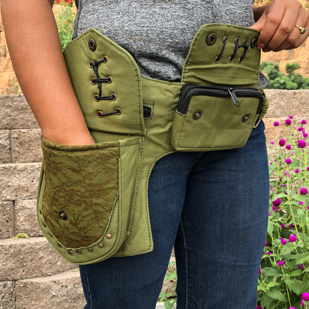 Dual Earth Tone Lace And Stud Decorated Multi-Pocket Waist Storage Wrap With Crisscross Eyelet Lacing Detail