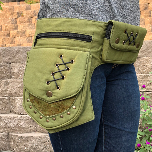 Dual Earth Tone Lace And Stud Decorated Multi-Pocket Waist Storage Wrap With Crisscross Eyelet Lacing Detail