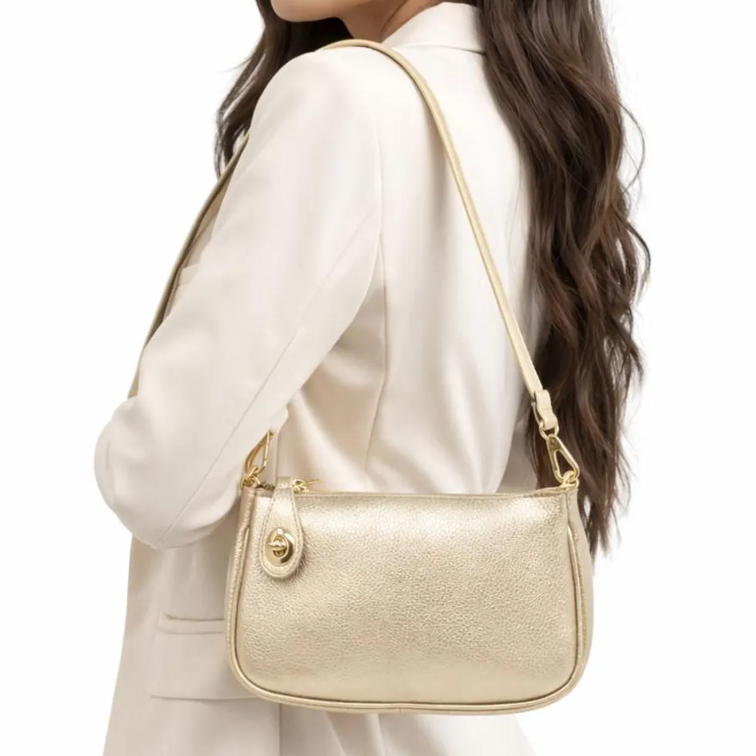 Lustrous Metallic Gold Pebbled Rectangular Curved Carryall With Golden Twist Lock Hardware And Dual Detachable Grip Fixtures